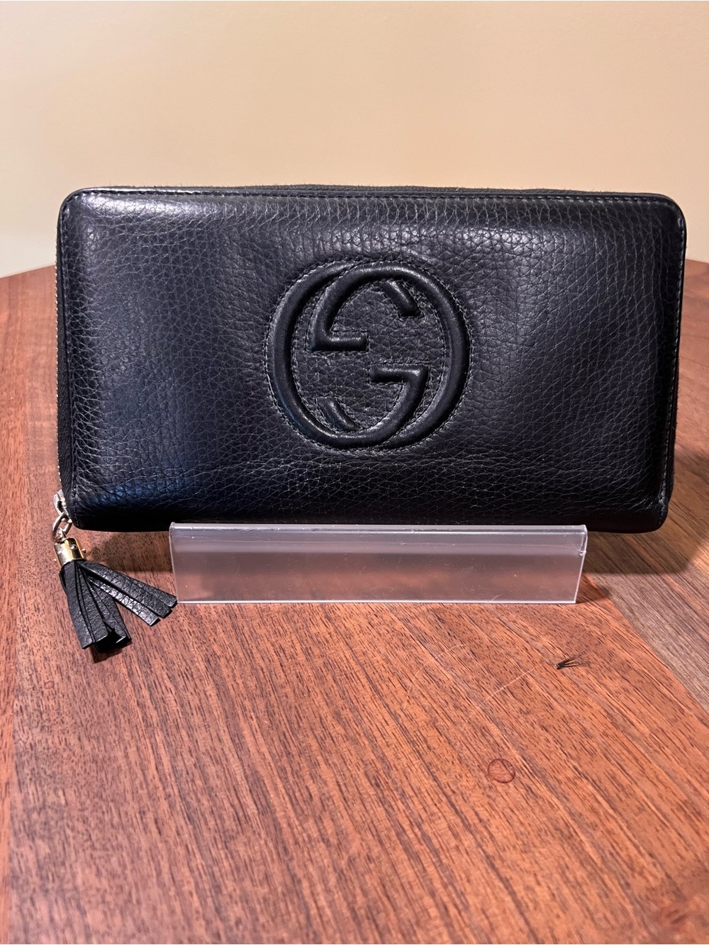 Gucci Black Pebbled Leather Zip Wallet with Tassel